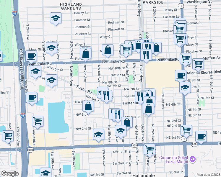 map of restaurants, bars, coffee shops, grocery stores, and more near 314 Northwest 7th Court in Hallandale Beach