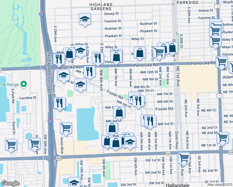 map of restaurants, bars, coffee shops, grocery stores, and more near 809 Northwest 7th Avenue in Hallandale Beach