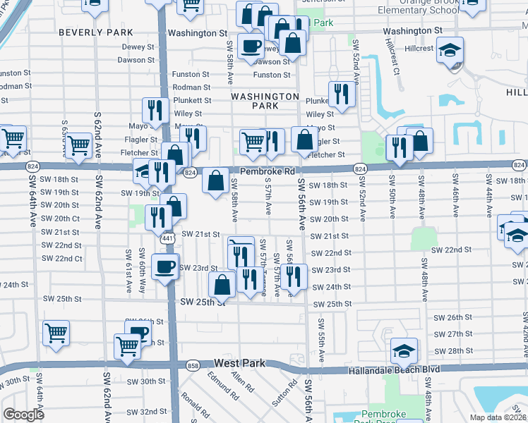 map of restaurants, bars, coffee shops, grocery stores, and more near 1851 Southwest 57th Avenue in West Park