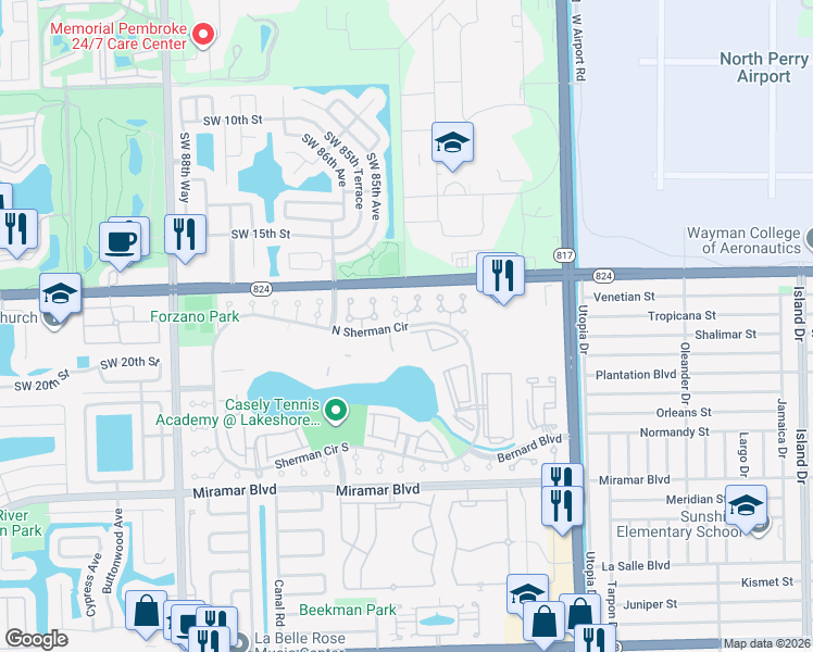 map of restaurants, bars, coffee shops, grocery stores, and more near 1754 Southwest 84th Avenue in Miramar