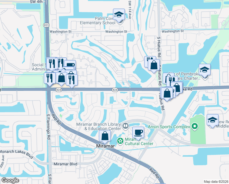 map of restaurants, bars, coffee shops, grocery stores, and more near 155 Pembroke Road in Miramar