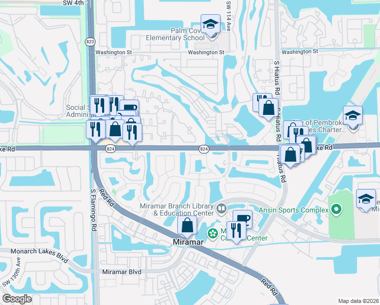 map of restaurants, bars, coffee shops, grocery stores, and more near 11758 Southwest 16th Street in Pembroke Pines
