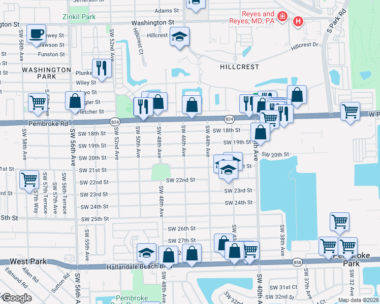 map of restaurants, bars, coffee shops, grocery stores, and more near 4500 Southwest 19th Street in West Park