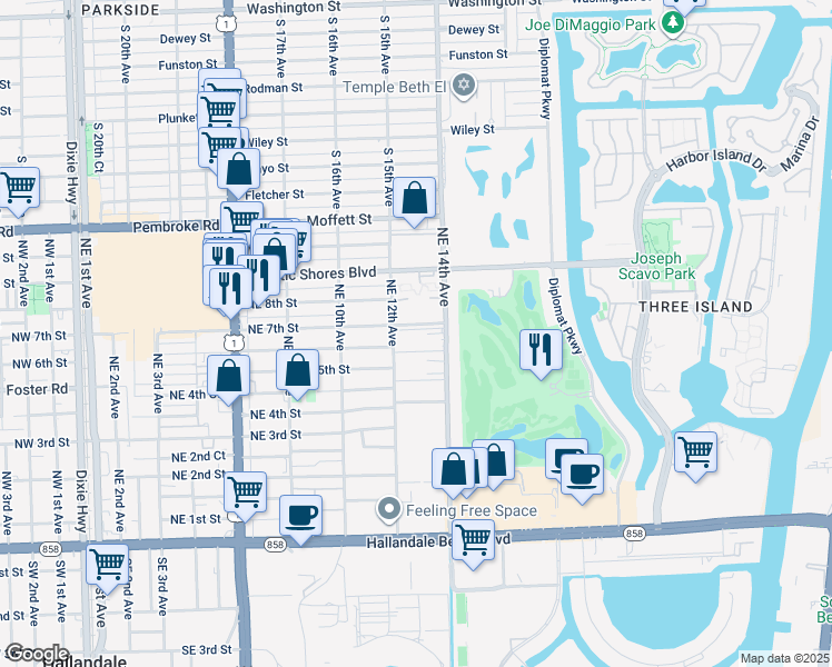 map of restaurants, bars, coffee shops, grocery stores, and more near 620 Northeast 12th Avenue in Hallandale Beach