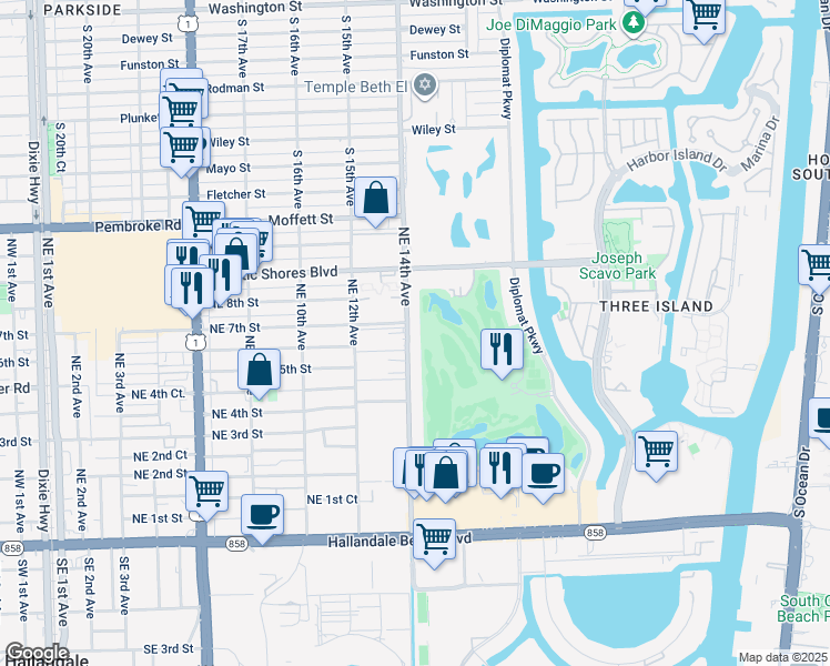 map of restaurants, bars, coffee shops, grocery stores, and more near 600 Northeast 14th Avenue in Hallandale Beach
