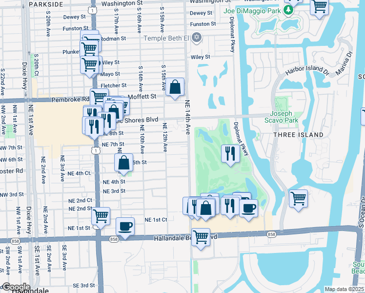 map of restaurants, bars, coffee shops, grocery stores, and more near 600 Northeast 14th Avenue in Hallandale Beach