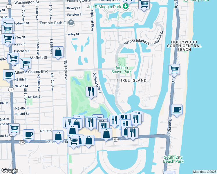 map of restaurants, bars, coffee shops, grocery stores, and more near 601 Three Islands Boulevard in Hallandale Beach