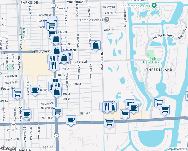 map of restaurants, bars, coffee shops, grocery stores, and more near 620 Northeast 12th Avenue in Hallandale Beach