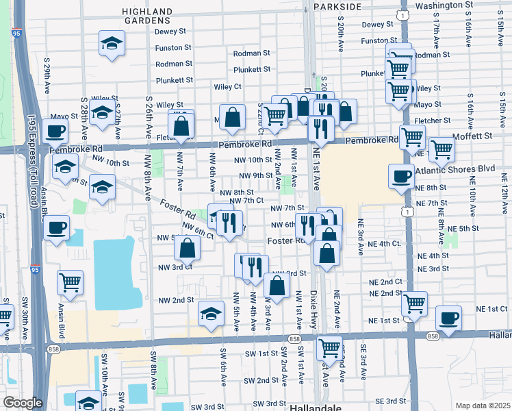 map of restaurants, bars, coffee shops, grocery stores, and more near 314 Northwest 7th Court in Hallandale Beach