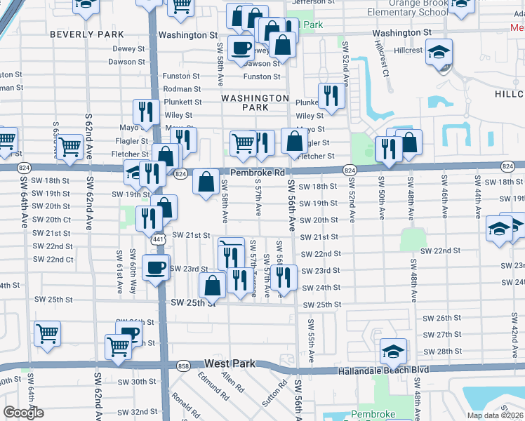 map of restaurants, bars, coffee shops, grocery stores, and more near 1851 Southwest 57th Avenue in West Park