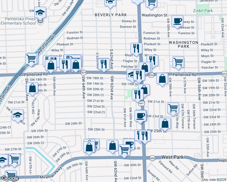 map of restaurants, bars, coffee shops, grocery stores, and more near 6137 Southwest 20th Street in Miramar