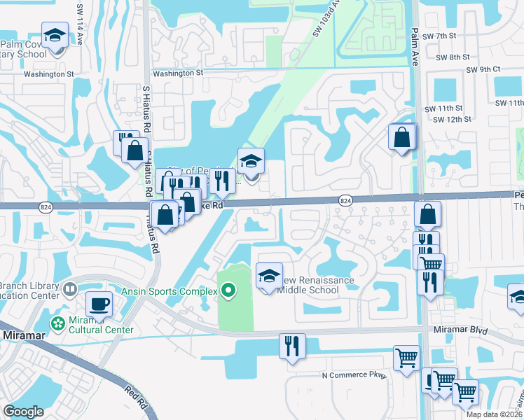 map of restaurants, bars, coffee shops, grocery stores, and more near 10709 North Preserve Way in Miramar