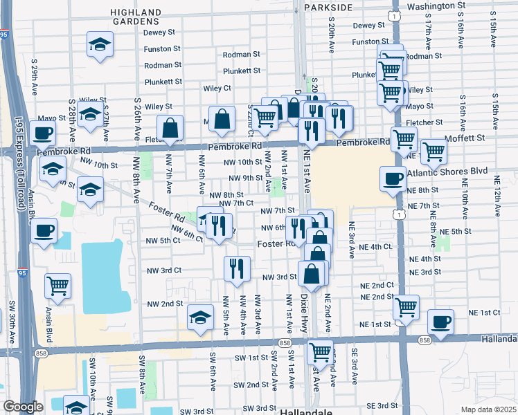 map of restaurants, bars, coffee shops, grocery stores, and more near 208 Northwest 7th Court in Hallandale Beach