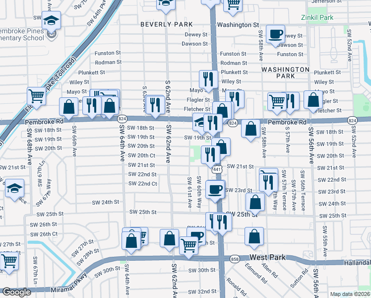 map of restaurants, bars, coffee shops, grocery stores, and more near 6104 Southwest 20th Street in Miramar