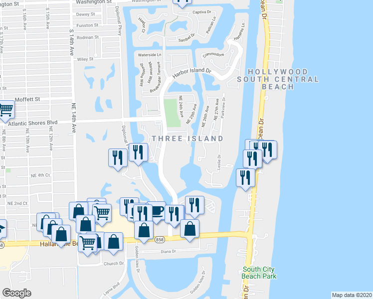 map of restaurants, bars, coffee shops, grocery stores, and more near 2500 Parkview Drive in Hallandale Beach