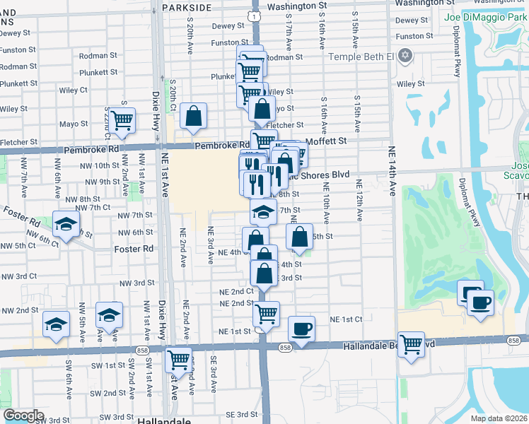 map of restaurants, bars, coffee shops, grocery stores, and more near 615 Northeast 7th Street in Hallandale Beach