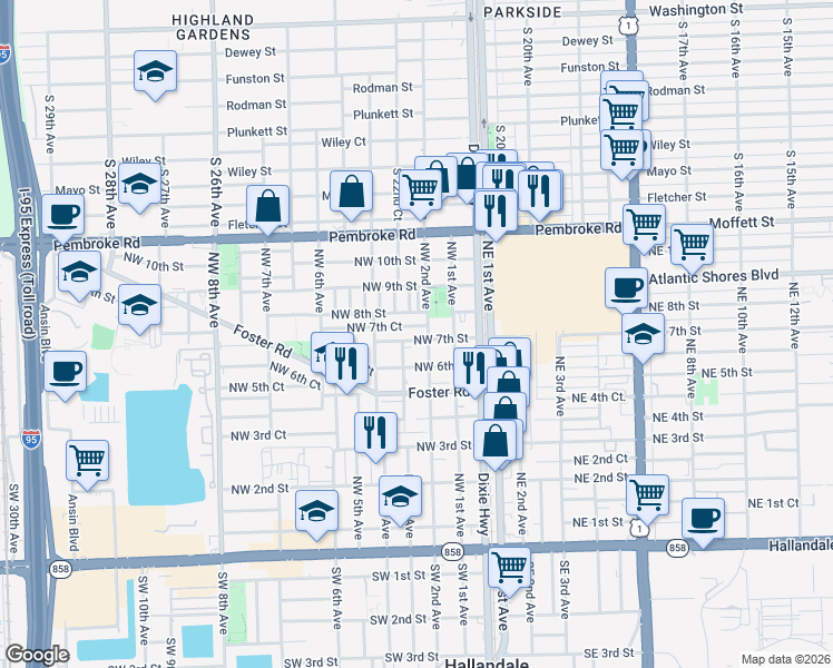 map of restaurants, bars, coffee shops, grocery stores, and more near 208 Northwest 7th Court in Hallandale Beach