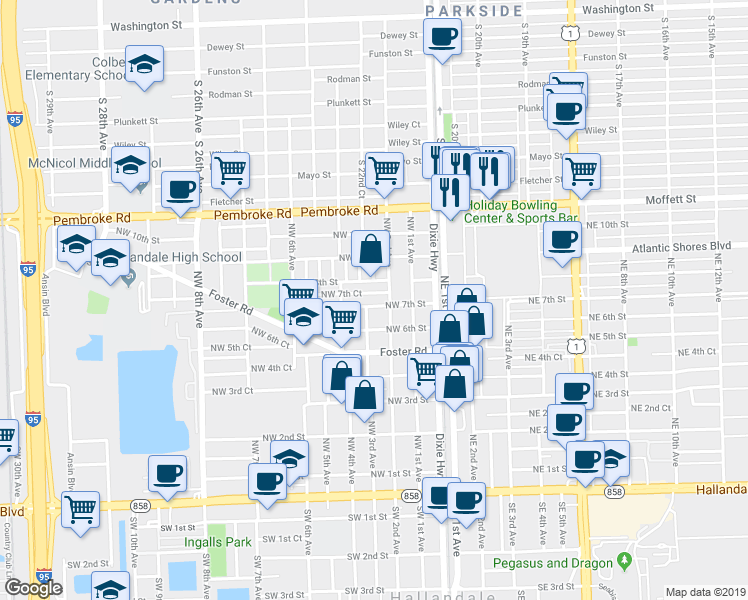 map of restaurants, bars, coffee shops, grocery stores, and more near 208 Northwest 7th Court in Hallandale Beach