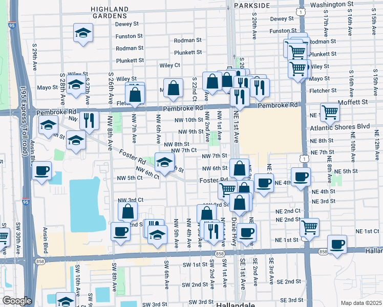 map of restaurants, bars, coffee shops, grocery stores, and more near 314 Northwest 7th Court in Hallandale Beach