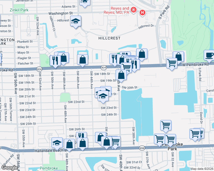 map of restaurants, bars, coffee shops, grocery stores, and more near 4200 Southwest 19th Street in West Park