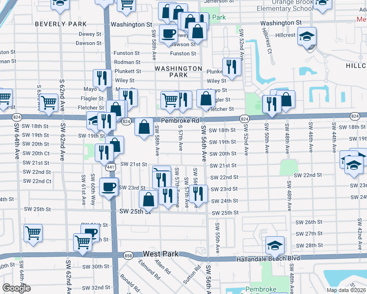 map of restaurants, bars, coffee shops, grocery stores, and more near 1851 Southwest 57th Avenue in West Park
