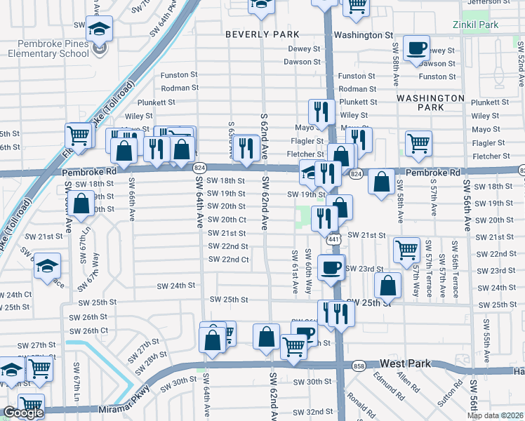 map of restaurants, bars, coffee shops, grocery stores, and more near 6137 Southwest 20th Street in Miramar