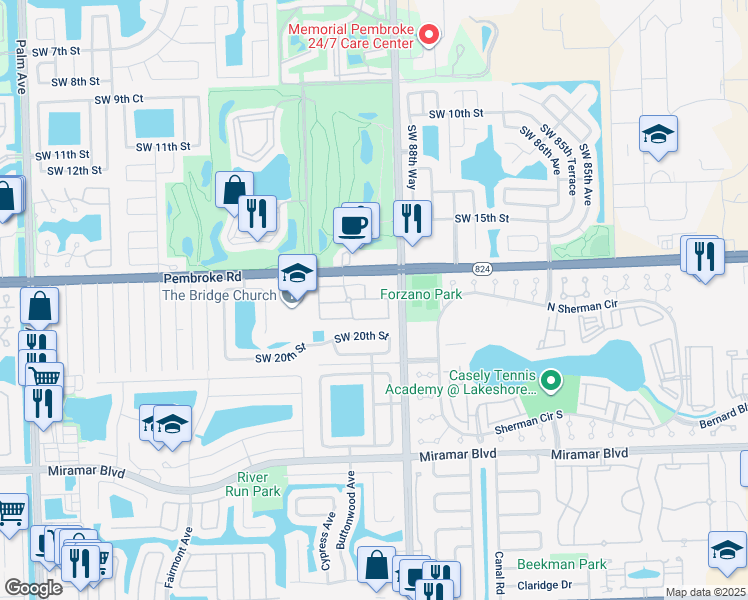 map of restaurants, bars, coffee shops, grocery stores, and more near 1750 Southwest 89th Way in Miramar