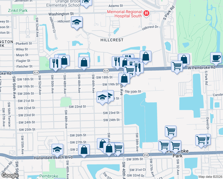 map of restaurants, bars, coffee shops, grocery stores, and more near 4200 Southwest 19th Street in West Park