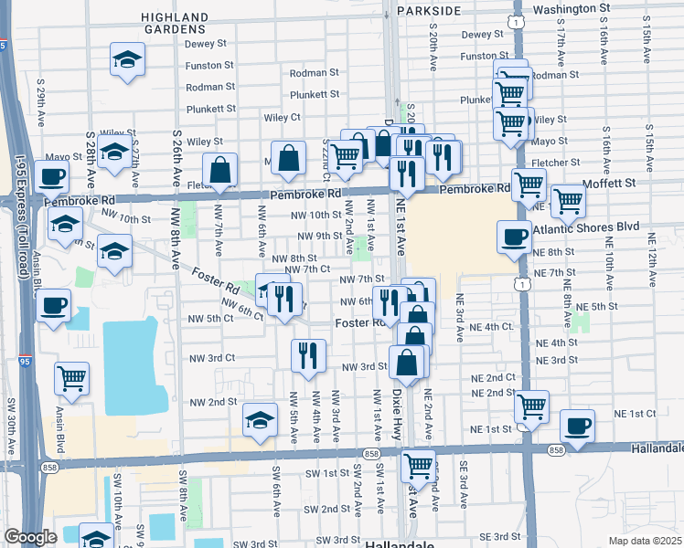 map of restaurants, bars, coffee shops, grocery stores, and more near 208 Northwest 7th Court in Hallandale Beach