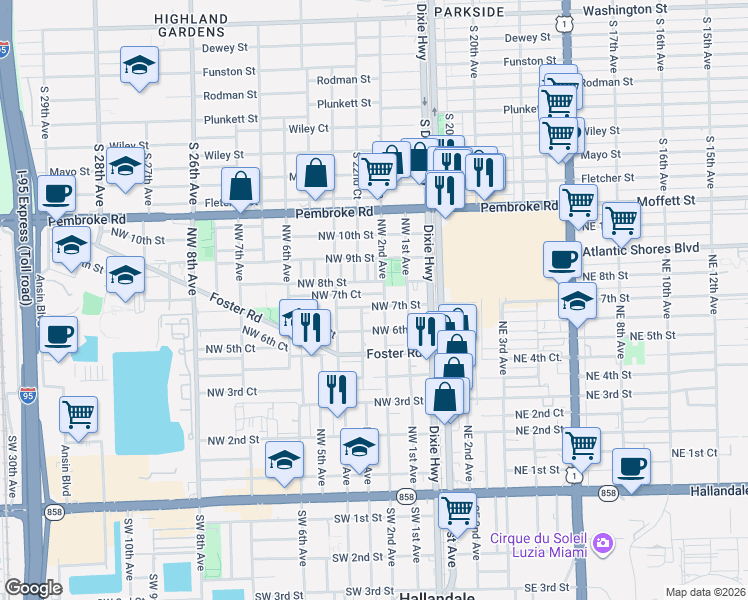 map of restaurants, bars, coffee shops, grocery stores, and more near 208 Northwest 7th Court in Hallandale Beach
