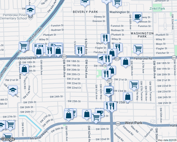 map of restaurants, bars, coffee shops, grocery stores, and more near 6170 Southwest 20th Street in Miramar