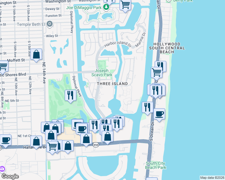 map of restaurants, bars, coffee shops, grocery stores, and more near 2500 Parkview Drive in Hallandale Beach