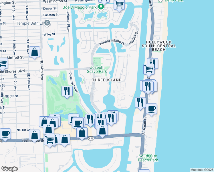 map of restaurants, bars, coffee shops, grocery stores, and more near 2500 Parkview Drive in Hallandale Beach
