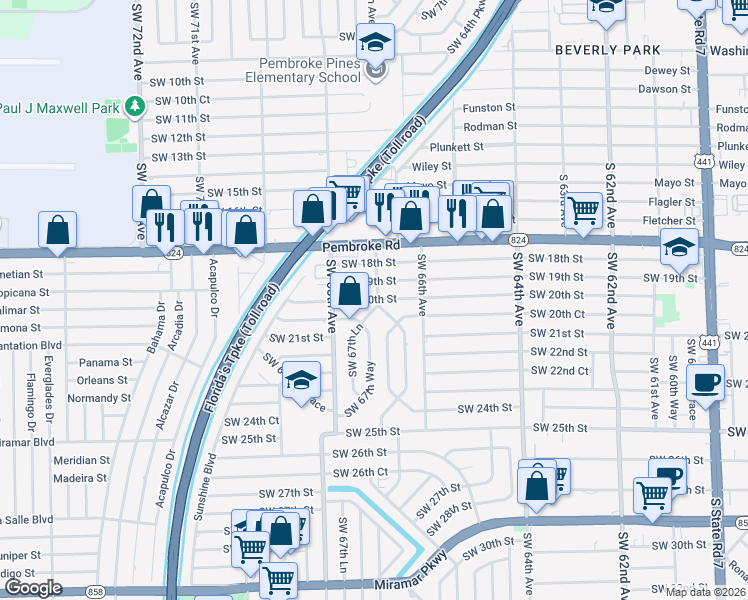 map of restaurants, bars, coffee shops, grocery stores, and more near 6700 Southwest 19th Street in Miramar