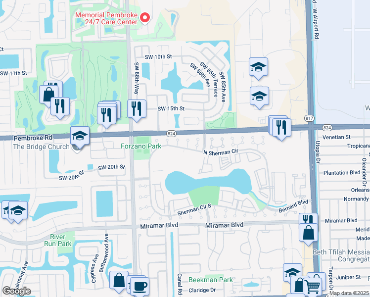 map of restaurants, bars, coffee shops, grocery stores, and more near 1751 Southwest 86th Terrace in Miramar
