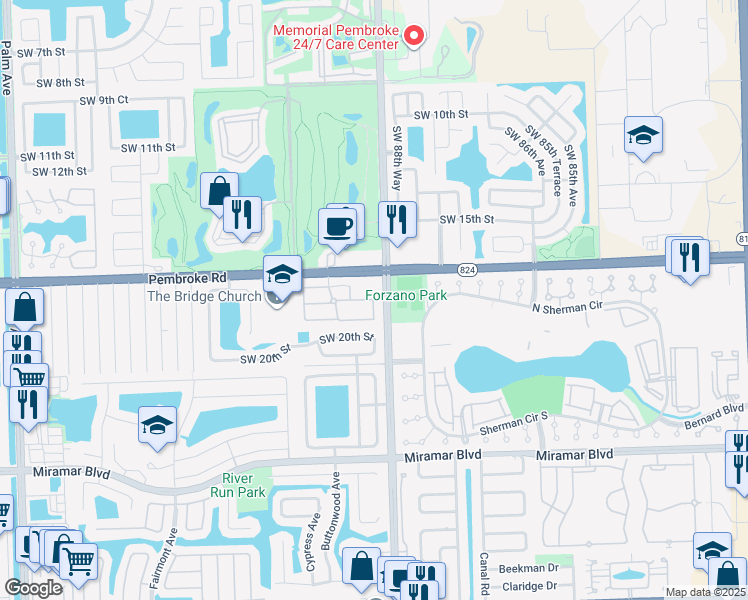 map of restaurants, bars, coffee shops, grocery stores, and more near 3601 Southwest 89th Terrace in Miramar