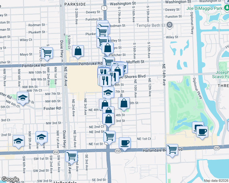 map of restaurants, bars, coffee shops, grocery stores, and more near 615 Northeast 7th Street in Hallandale Beach