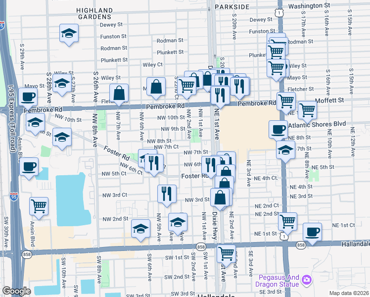 map of restaurants, bars, coffee shops, grocery stores, and more near 208 Northwest 7th Court in Hallandale Beach