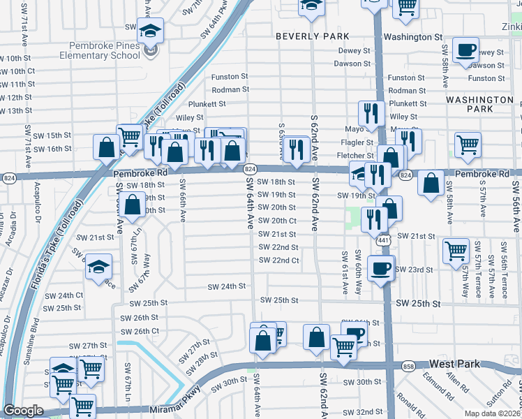 map of restaurants, bars, coffee shops, grocery stores, and more near 6315 Southwest 20th Street in Miramar