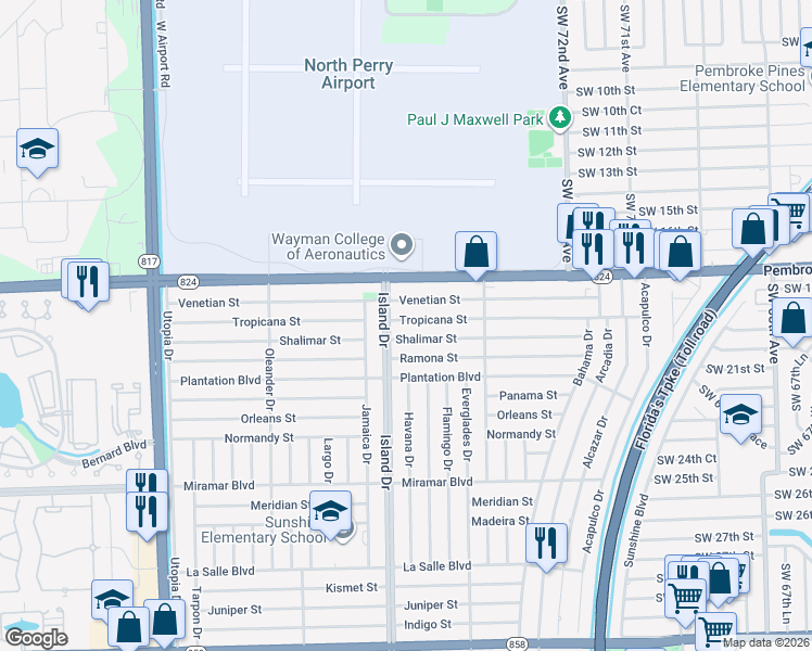map of restaurants, bars, coffee shops, grocery stores, and more near 7681 Tropicana Street in Miramar