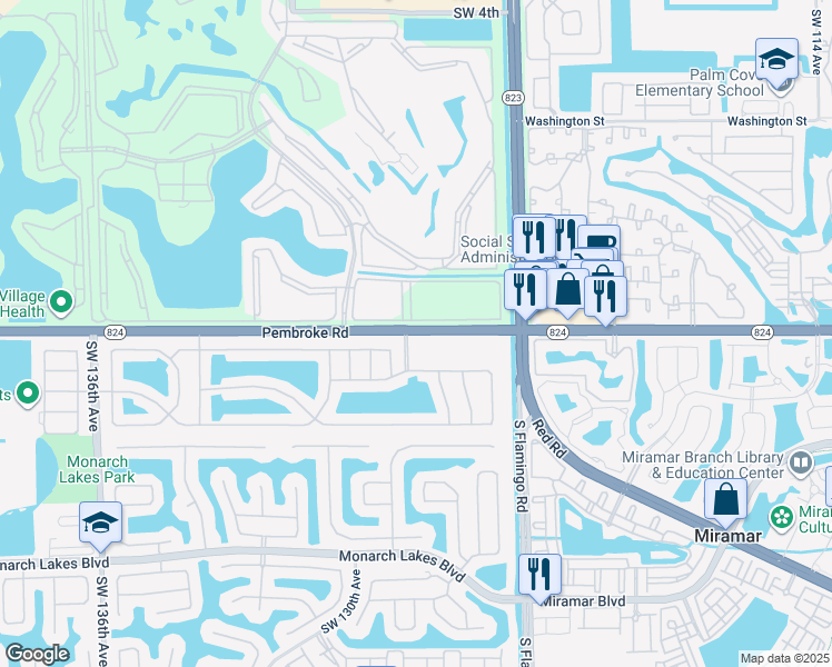 map of restaurants, bars, coffee shops, grocery stores, and more near 12696 Pembroke Road in Miramar