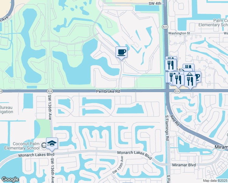 map of restaurants, bars, coffee shops, grocery stores, and more near 12900 Pembroke Road in Miramar
