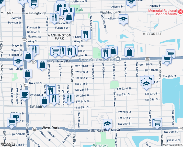 map of restaurants, bars, coffee shops, grocery stores, and more near 5301 Southwest 19th Street in West Park