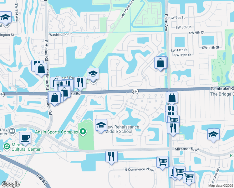 map of restaurants, bars, coffee shops, grocery stores, and more near 10501 Southwest 17th Court in Miramar