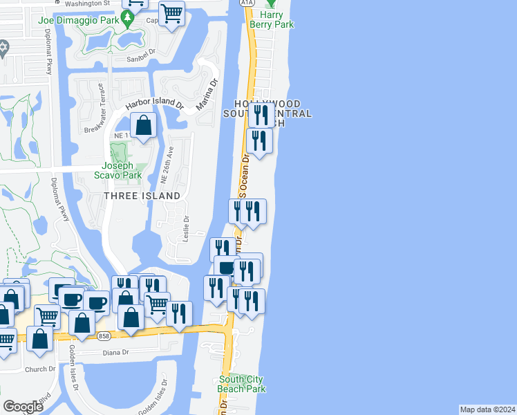 map of restaurants, bars, coffee shops, grocery stores, and more near 3301 South Ocean Drive in Hallandale Beach