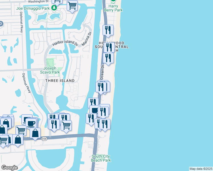 map of restaurants, bars, coffee shops, grocery stores, and more near 3505 South Ocean Drive in Hollywood