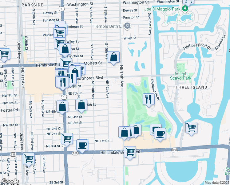 map of restaurants, bars, coffee shops, grocery stores, and more near 1301 Northeast 7th Street in Hallandale Beach