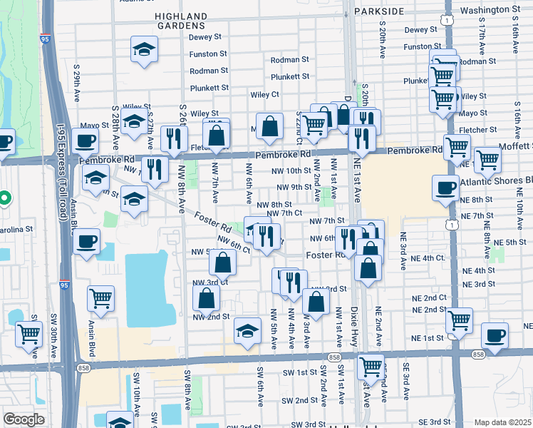 map of restaurants, bars, coffee shops, grocery stores, and more near 506 Northwest 8th Street in Hallandale Beach