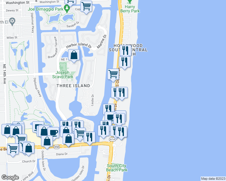 map of restaurants, bars, coffee shops, grocery stores, and more near 3500 South Ocean Drive in Hollywood
