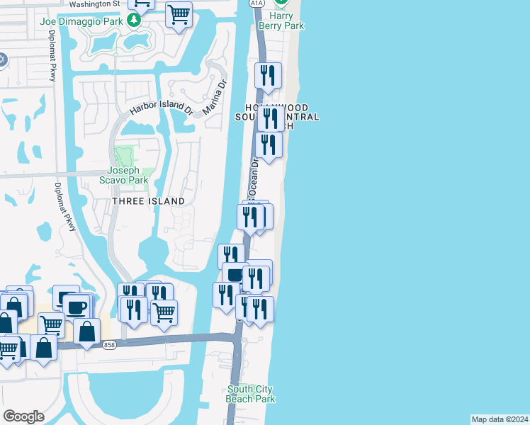map of restaurants, bars, coffee shops, grocery stores, and more near 3505 South Ocean Drive in Hollywood